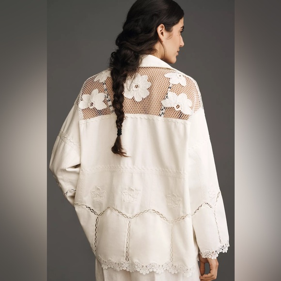 NWT! Anthropologie White Crochet Scallop-Hem Shirt Jacket - Size Small 🛼 - Picture 2 of 3